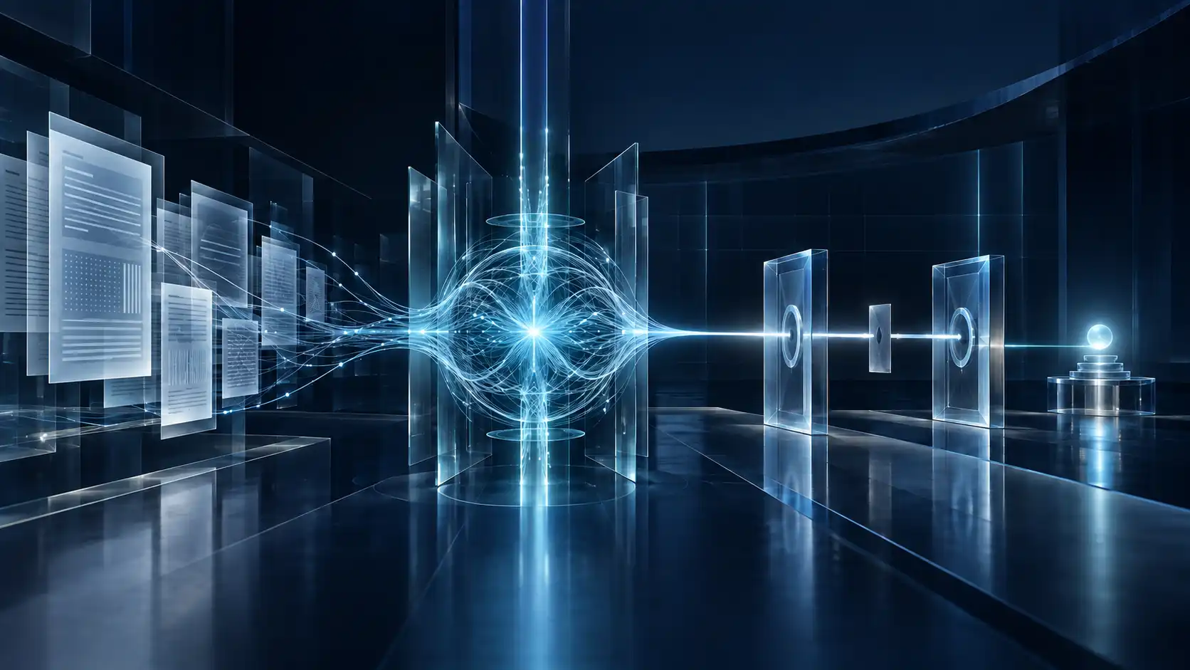 Abstract document layers feed a luminous AI nexus; one action then passes through transparent control gates.